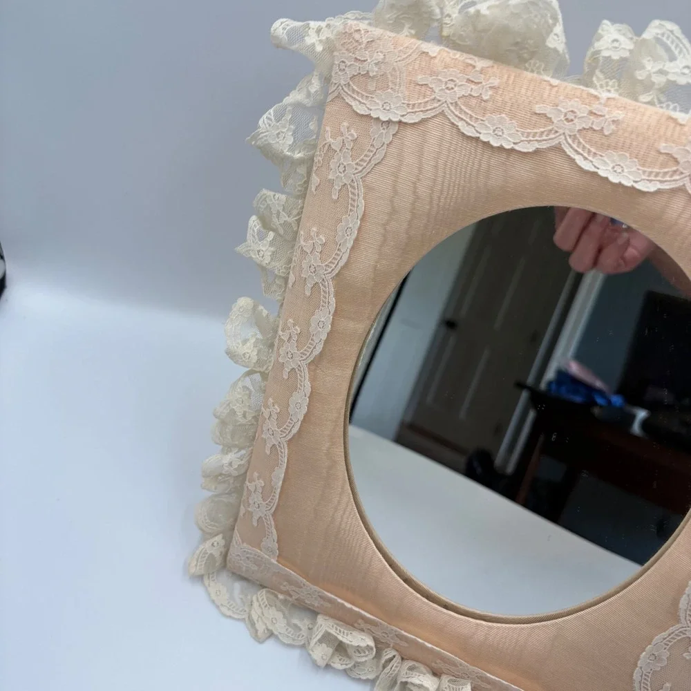 Vintage 80s Shabby Chic Peach Moire Silk Lace Ruffle Tabletop Frame Mirror